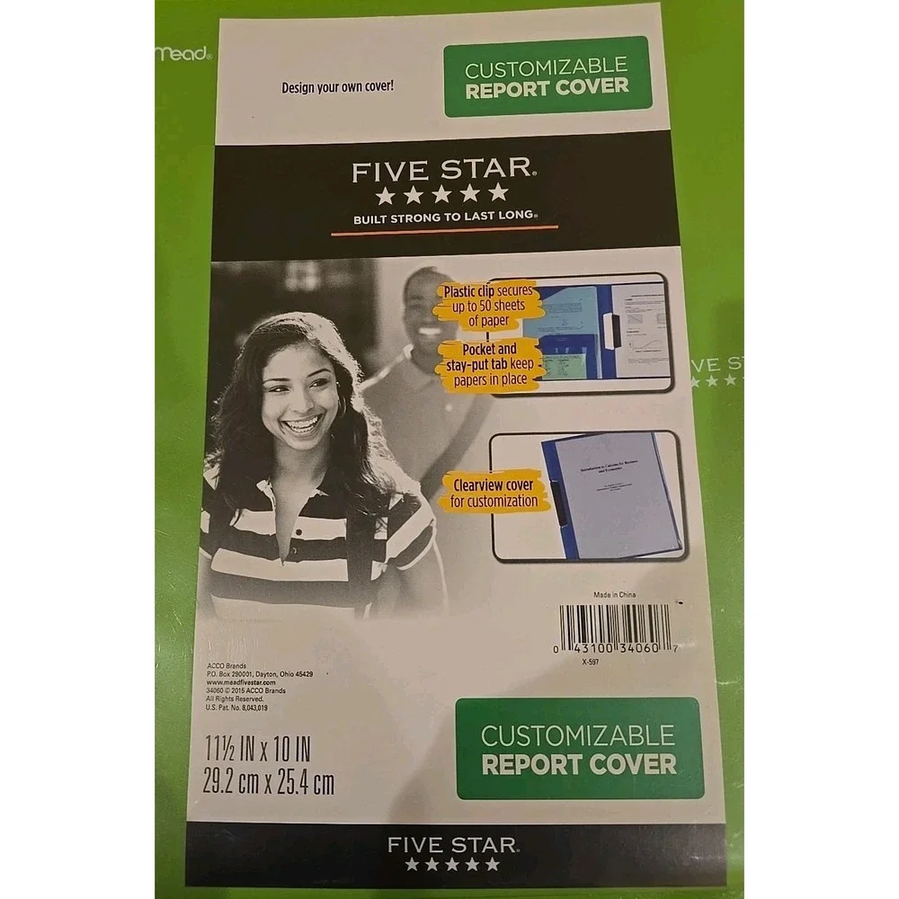 Five Star Customizable Report Cover, 11.5 x 10‎ Inch, 4 Pack, Green Blue Black